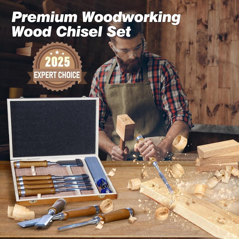 Mount Jasper 10 Pieces Wood Chisel Set, 1/4"~2" Woodworking Chisel Kit with Sharp CR-V 60 Steel Blades, Wooden Box, Honing Guide, Sharpening Stone for Carpenter Craftsman Woodworker - Image 2